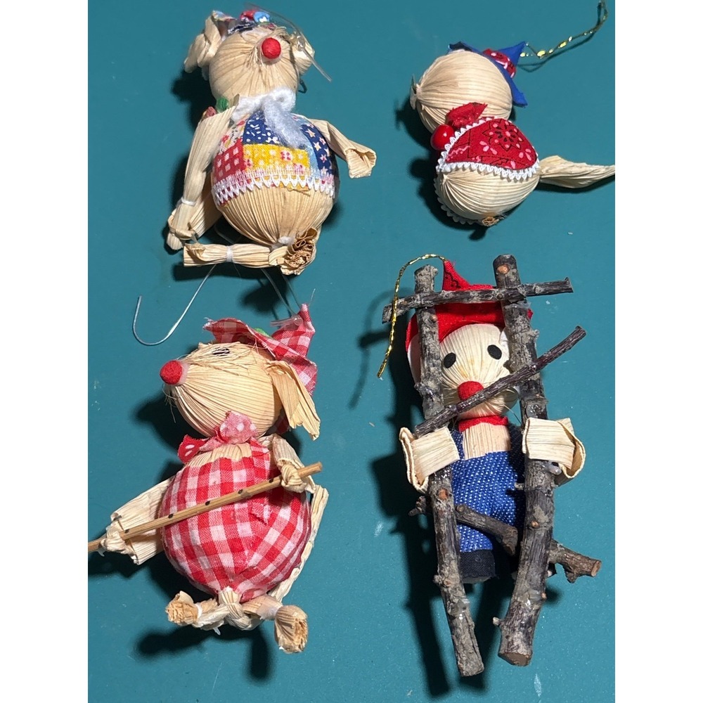VTG Handmade Straw & Fabric Christmas Ornaments Set Of 4